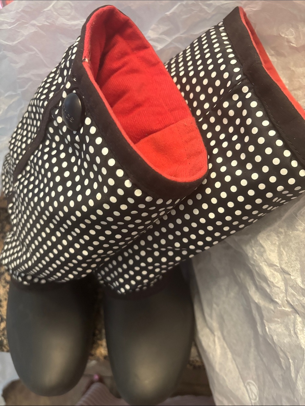 CROCS Black Polka Dot Rain Boots with Red Lining